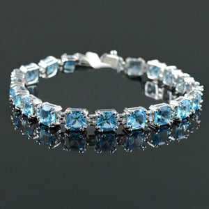 12Ct Cushion Cut Blue Topaz Exquisite Tennis Bracelet 14K White Gold Finish