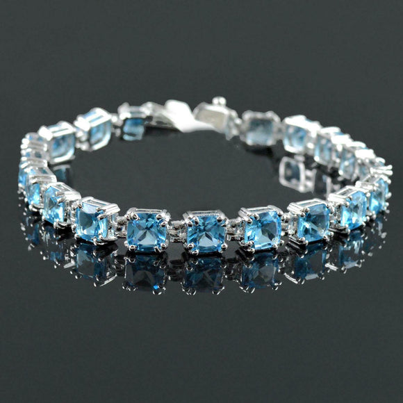 12Ct Cushion Cut Blue Topaz Exquisite Tennis Bracelet 14K White Gold Finish