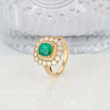 2.5ct Cushion Cut Green Emerald Dual Halo Milgrain Ring 14k Yellow Gold Finish