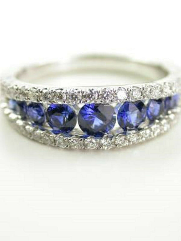 2ct Round Cut Blue Sapphire Wedding Band Ring Anniversary 14k White Gold Finish