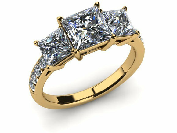 2.1ct Princess Cut Diamond 3 Stone Style Engagement Ring 14k Yellow Gold Finish