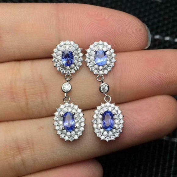 2.8ct Drop Earrings Oval Cut Blue Tanzanite Double Halo 14k White Gold Finish