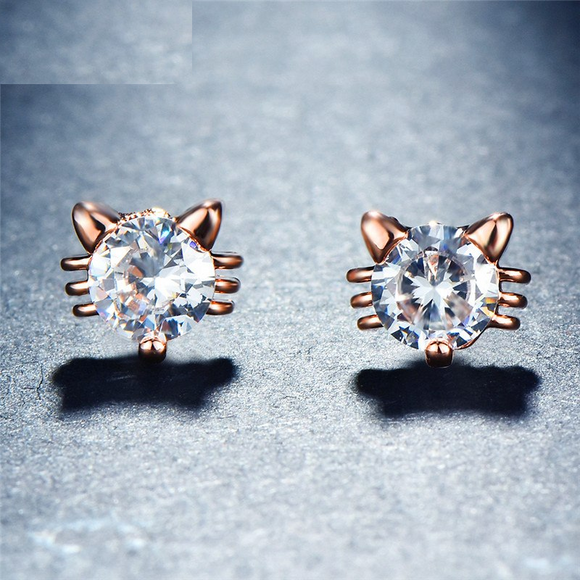 1.6ct Round Cut VVS1D Diamond Cute Cat Design Stud Earrings 14k Rose Gold Finish