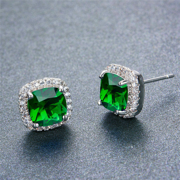 2ct Cushion Cut Green Emerald Halo Solitaire Stud Earrings 14k White Gold Finish