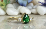 1.3ct Engagement Ring Pear Cut Green Emerald Three Stone 14k Yellow Gold Finish