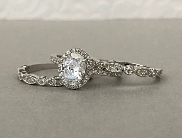 Vintage Bridal Set Engagement Ring 1.6ct Oval Cut Diamond 14k White Gold Finish