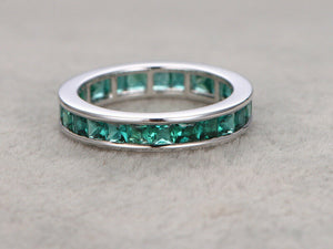 2.2ct Princess Cut Green Emerald Channel Set Eternity Band 14k White Gold Finish