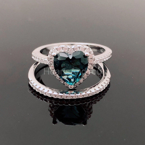 1ct Heart Cut Simulated  London Blue Topaz Halo Bridal Set 14k White Gold Plated