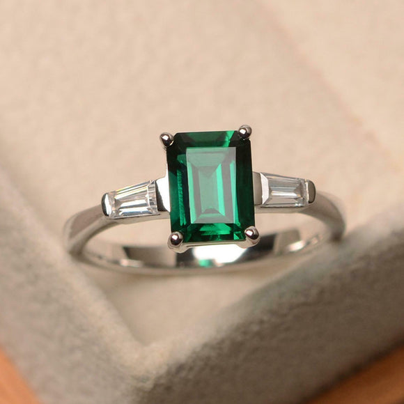 2ct Green Emerald Cut Trilogy Ring 14k WhiteGold Finish Tapered Baguette Accents