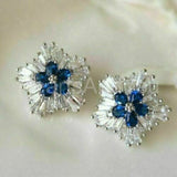 3ct Pear Cut Simulated Blue Sapphire Cluster Stud Earrings 14k White Gold Plated