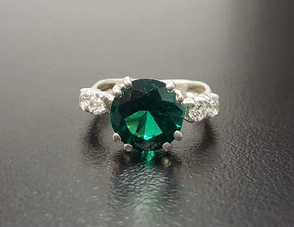 1.3ct Round Cut Green Emerald Solitaire with Accent Ring 14k White Gold Finish