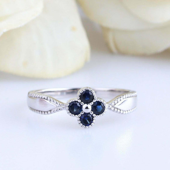 1ct Round Cut Blue Sapphire Floral Milgrain Solitaire Ring 14k White Gold Finish