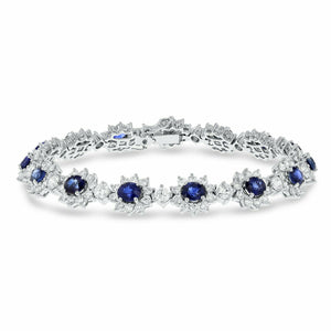 25ct Oval Cut Blue Sapphire Diamond Floral Tennis Bracelet 14k White Gold Finish