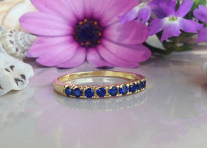 1.2ct Wedding Band Round Cut Blue Sapphire Half Eternity 14k Yellow Gold Finish