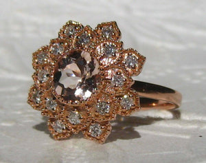 2.7ct Round Cut Peach Morganite Floral Halo Engagement Ring 14k Rose Gold Finish