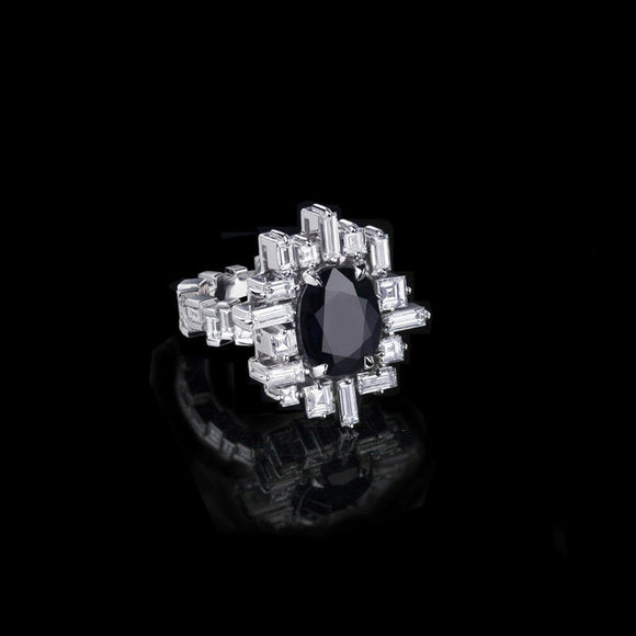 3ct Oval Cut Black Diamond Baguette Cocktail Engagement Ring 14k White Gold Over