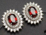 2.7ct Oval Cut Red Garnet Diamond Dual Halo Stud Earrings 14k White Gold Finish