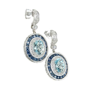 2.6ct Oval Cut Blue Aquamarine Double Halo Drop Earrings 14k White Gold Finish