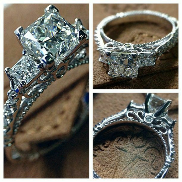 4Ct Cushion Cut Diamond Vintage Solitaire Engagement Ring 14K White Gold Finish