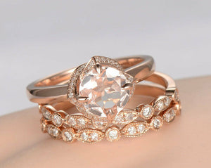 2ct Round Peach Morganite Art Deco Trio Set Engagement Ring 14k Rose Gold Finish