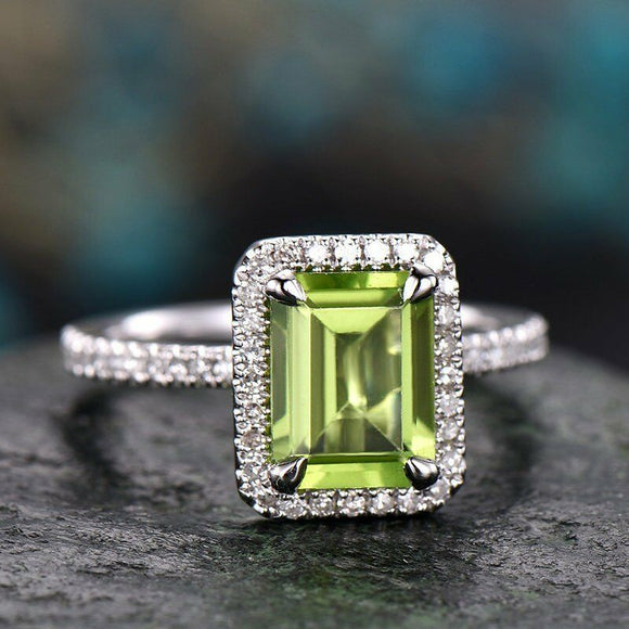 2Ct Emerald Cut Green Peridot Halo Solitaire Engagement Ring 18K White Gold Over