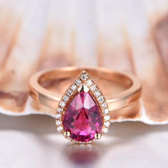 1.5ct Pear Cut Pink Ruby Halo Solitaire Engagement Ring 14k Rose Gold Finish