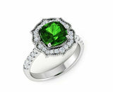 2ct Cushion Cut Green Emerald Milgrain Floral Halo Ring 14k White Gold Finish