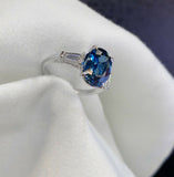 2ct Oval Cut Blue Sapphire Diamond Trilogy Engagement Ring 14k White Gold Finish