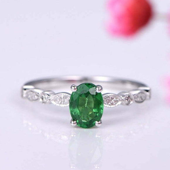 1.3ct Oval Cut Green Emerald Engagement Ring Diamond Accent 14k WhiteGold Finish