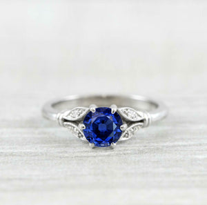 0.65ct Round Cut Blue Sapphire Floral Leaf Inspired Ring 14k White Gold Finish