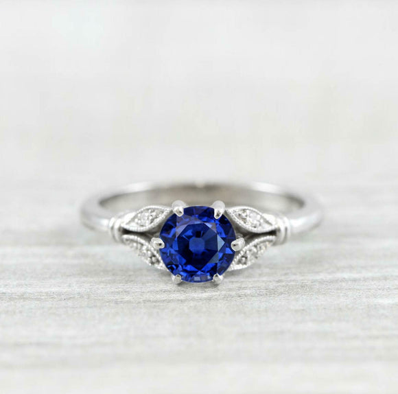 0.65ct Round Cut Blue Sapphire Floral Leaf Inspired Ring 14k White Gold Finish