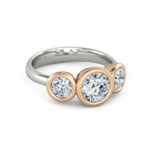 2Ct Round Cut Diamond Bezel Set Trilogy Engagement Ring 14K Dual Gold Finish