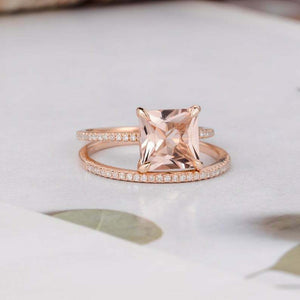 2ct Princess Cut Peach Morganite Engagement Ring Bridal Set 14k Rose Gold Finish