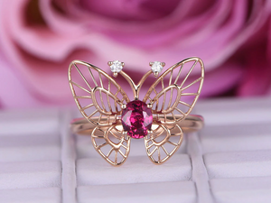 1ct Oval Cut Pink Ruby Engagement Ring Unique Butterfly Design 14k RoseGold Over