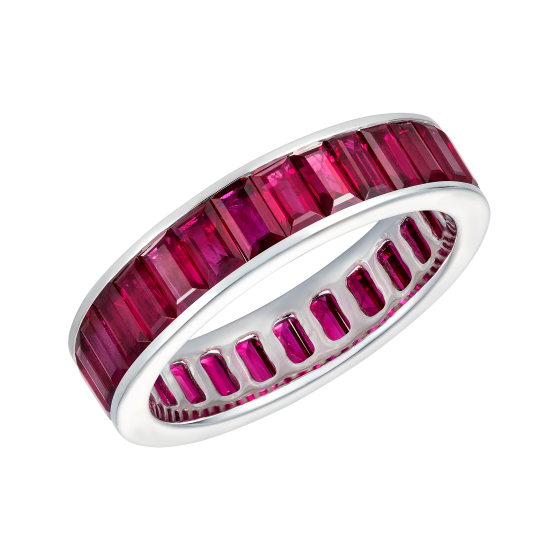 5.5Ct Emerald Cut Pink Ruby Stylish Eternity Wedding Band 14K White Gold Finish