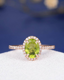 2ct Oval Cut Green Peridot Engagement Ring Halo Diamond Accent 14k RoseGold Over