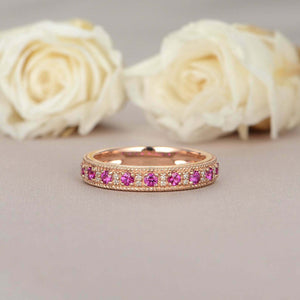 1.5ct Round Pink Sapphire Wedding Band Vintage Half Eternity 14k Rose Gold Over