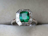 2ct Engagement Ring Cushion Cut Green Emerald Baguette Halo 14k WhiteGold Finish