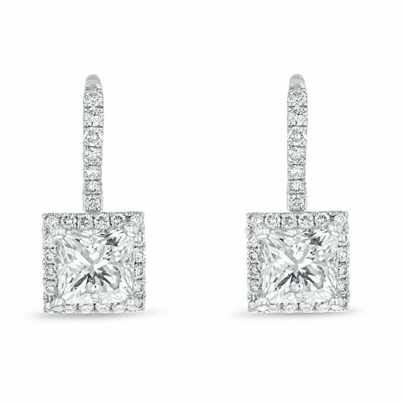 2.6ct Drop Earrings Princess Cut Diamond Halo Dangling 14k White Gold Finish