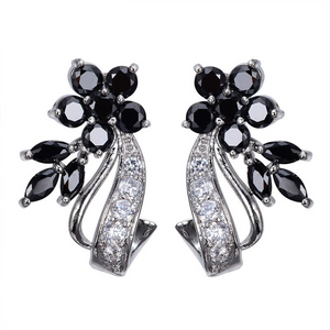 2ct Round Cut Black Diamond Unique Flower Drop Earrings 14k White Gold Finish