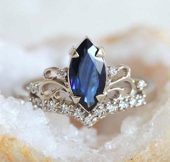 1ct Marquise Cut Blue Sapphire Crown Women Engagement Ring 14k White Gold Finish