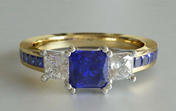 2ct Princess Cut Blue Sapphire Engagement Ring Trilogy 14k Yellow Gold Finish