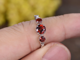 1.5ct Round Cut Red Garnet Engagement Ring Unique Trilogy 14k White Gold Finish