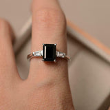 2ct Emerald Cut Black Diamond Engagement Ring Three Stone 14k White Gold Finish