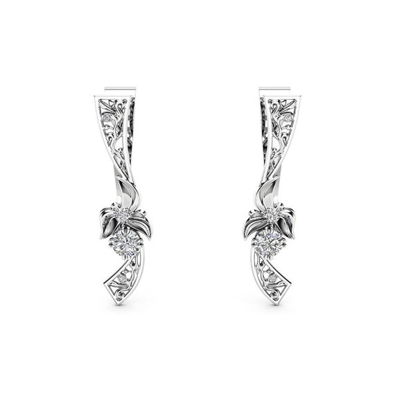 1ct Round Cut VVS1D Diamond Unique Floral Drop Earrings 14k White Gold Finish