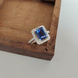 2.2ct Engagement Ring Emerald Cut London Blue Topaz Halo 14k White Gold Finish