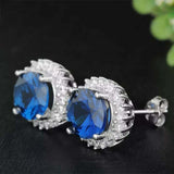 4ct Stud Earrings Oval Cut Blue Sapphire Diamond Halo Floral 14k White Gold Over