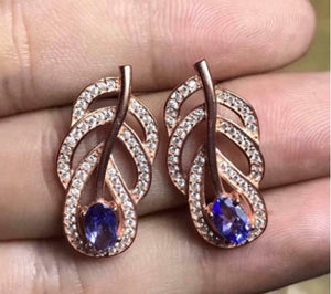 2ct Drop Earrings Oval Cut Blue Tanzanite Petal Leaf Design 14k Rose Gold Finish