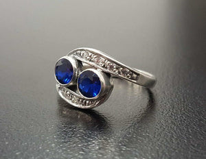 2ct Engagement Ring Round Cut Blue Sapphire Two Stone Swirl 14k WhiteGold Finish