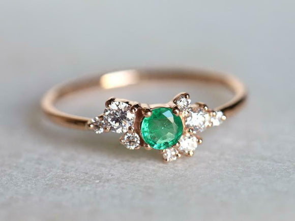 1ct Engagement Ring Round Cut Green Emerald Cluster 14k Yellow Gold Finish